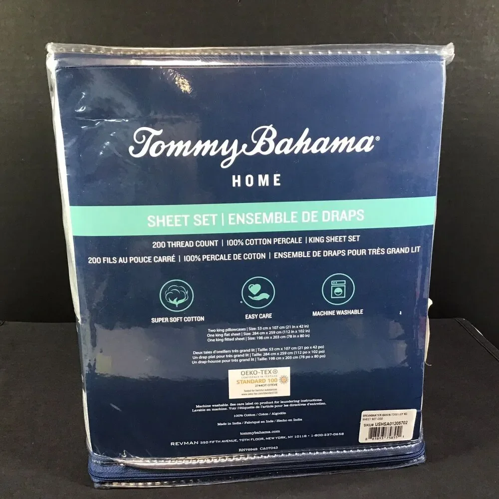 Tommy Bahama 100% Cotton Percale Breakwater Basin Grey King Sheet Set NEW
